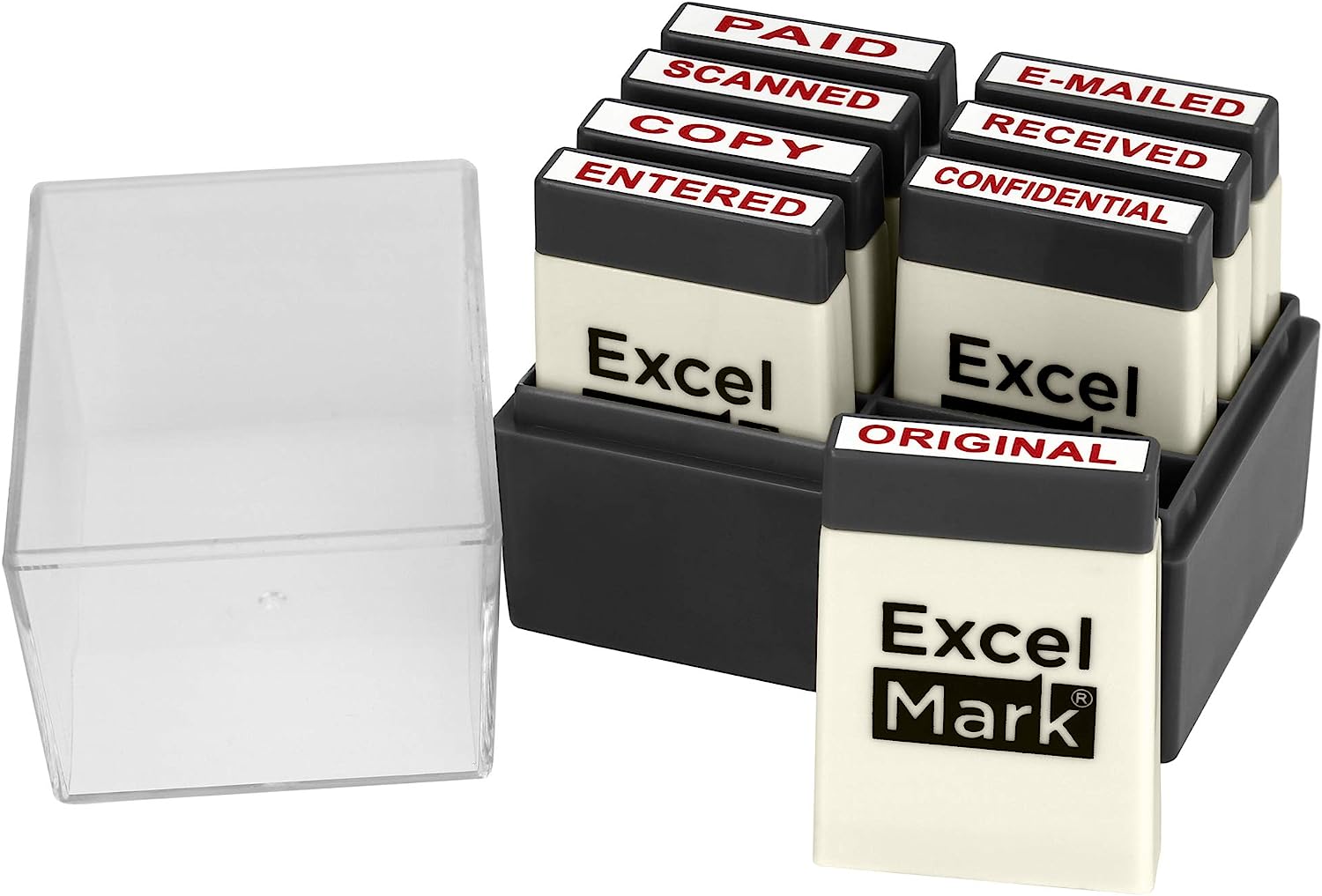 251211051445976_1 ExcelMark Mini Office Message Rubber Stamp Set - Red Ink - Storage Tray Included - Image 1